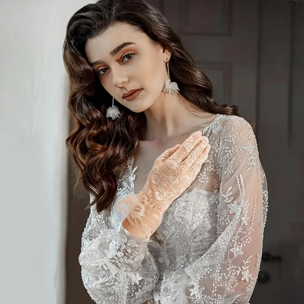 Women's Evening Beige Flower Pattern Lace Gloves Design Wedding Party Prom